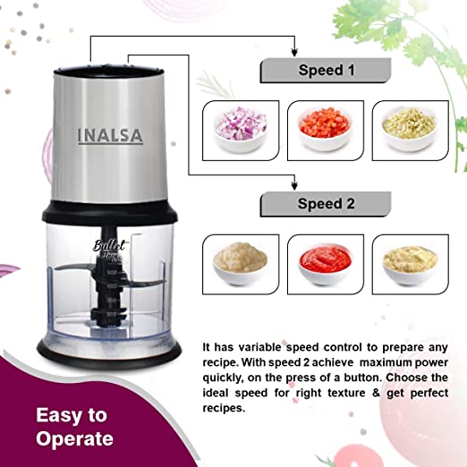 INALSA Electric Chopper Bullet Inox- 450 Watts with 2 Speed Option |100% Pure Copper Motor| Chop, Mince, Puree, Dice | Twin Blade Technology| 900 ml Capacity| One Touch Operation, 1.30mtr Long Power Cord (Black/Silver) INALSA Electric Chopper Bullet Inox- 450 Watts with 2 Speed Option |100% Pure Copper Motor| Chop, Mince, Puree, Dice | Twin Blade Technology| 900 ml Capacity| One Touch Operation, 1.30mtr Long Power Cord (Black/Silver)